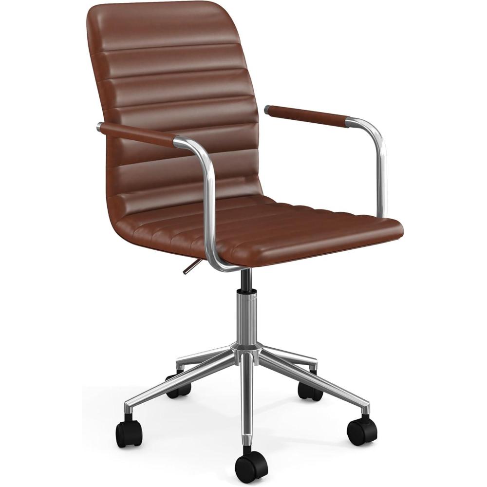 imageMartha Stewart Taytum Swivel Task Chair with Armrests for Home Office in White Faux Leather with Polished Brass FrameSaddle Brown Faux LeatherPolished Nickel Frame