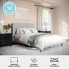 Martha Stewart Britta Platform Bed with Headboard & Footboard, Faux Linen Upholstery with Piping Detail, Rounded Headboard, No Box Spring Needed, King, Beige(Gray Fabric/Walnut Legs)