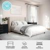Martha Stewart Kay Low Profile Platform Bed with Wingback Headboard, Channel Stitched Faux Linen Upholstery, No Box Spring Needed, King, Beige(Beige Fabric/Walnut Legs)