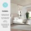 Martha Stewart Kay Low Profile Platform Bed with Wingback Headboard, Channel Stitched Faux Linen Upholstery, No Box Spring Needed, King, Beige(Beige Fabric/Walnut Legs)