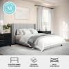 Martha Stewart Kay Low Profile Platform Bed with Wingback Headboard, Channel Stitched Faux Linen Upholstery, No Box Spring Needed, King, Beige(Gray Fabric/Black Legs)