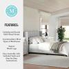 Martha Stewart Kay Low Profile Platform Bed with Wingback Headboard, Channel Stitched Faux Linen Upholstery, No Box Spring Needed, King, Beige(Gray Fabric/Black Legs)
