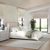 Martha Stewart Kay Low Profile Platform Bed with Wingback Headboard, Channel Stitched Faux Linen Upholstery, No Box Spring Needed, King, Beige(Beige Fabric/Walnut Legs)