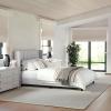 Martha Stewart Kay Low Profile Platform Bed with Wingback Headboard, Channel Stitched Faux Linen Upholstery, No Box Spring Needed, King, Beige(Gray Fabric/Black Legs)