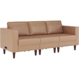 Flash Furniture Hercules Artemis Commercial Modular Sofa for Reception and Lobby Use, Solid Wood Legs, 4 Outlets, 2 USB, and 2 USB-C Ports, Black LeatherSoft(Cognac)