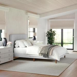 Martha Stewart Britta Platform Bed with Headboard & Footboard, Faux Linen Upholstery with Piping Detail, Rounded Headboard, No Box Spring Needed, King, Beige(Gray Fabric/Walnut Legs)