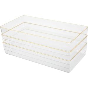 Martha Stewart Kerry Plastic Stackable Office Desk Drawer Organizers, 6″ x 3″, 6 Pack, with Gold Trim(12″ x 6″)