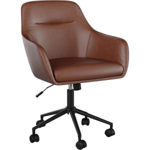 Martha Stewart Rayna Swivel Task Chair with Flared Arms for Home Office in White Boucle with Oil Rubbed Bronze Frame(Saddle Brown Faux Leather/Oil Rubbed Bronze)