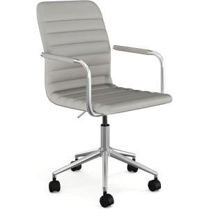 Martha Stewart Taytum Swivel Task Chair with Armrests for Home Office in White Faux Leather with Polished Brass Frame(Gray Faux Leather/Polished Nickel Frame)