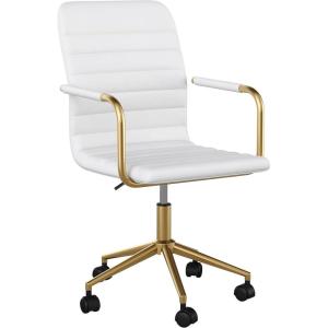 Martha Stewart Taytum Swivel Task Chair with Armrests for Home Office in White Faux Leather with Polished Brass Frame(White Faux Leather/Polished Brass)
