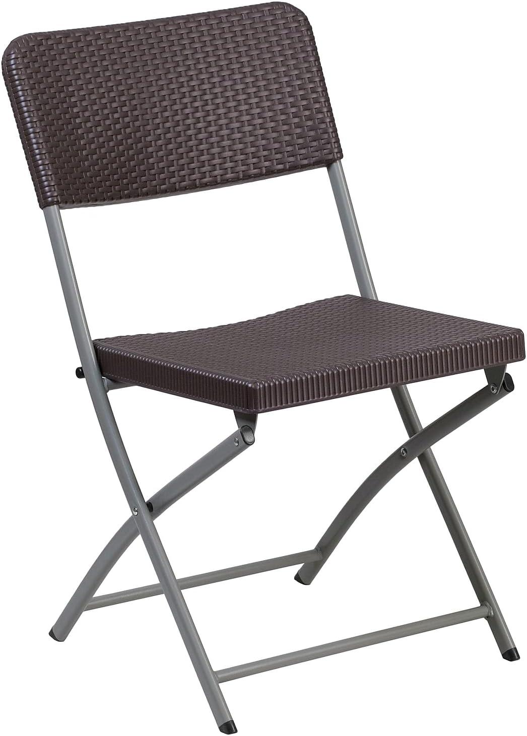 imageFlash Furniture 2 Pack HERCULES Series Brown Rattan Plastic Folding Chair with Gray FrameSet of 2
