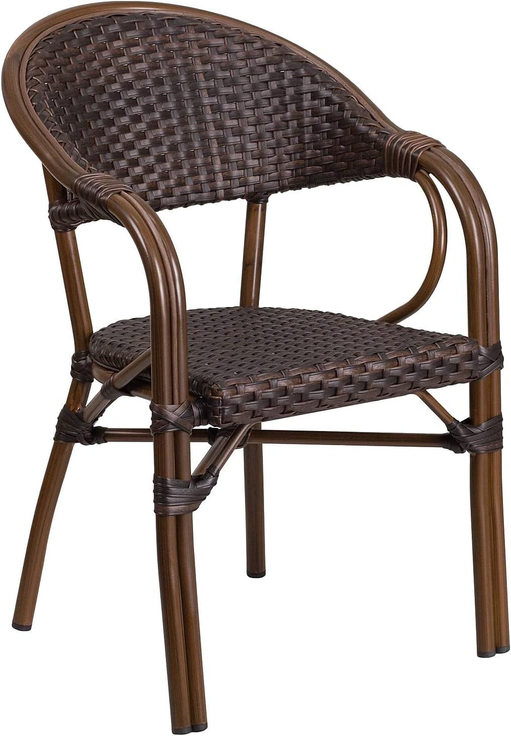 imageFlash Furniture 3 Pack Milano Series Bark Brown Rattan Restaurant Patio Chair with BambooAluminum FrameBark Brown RattanRed Bambooaluminum Frame
