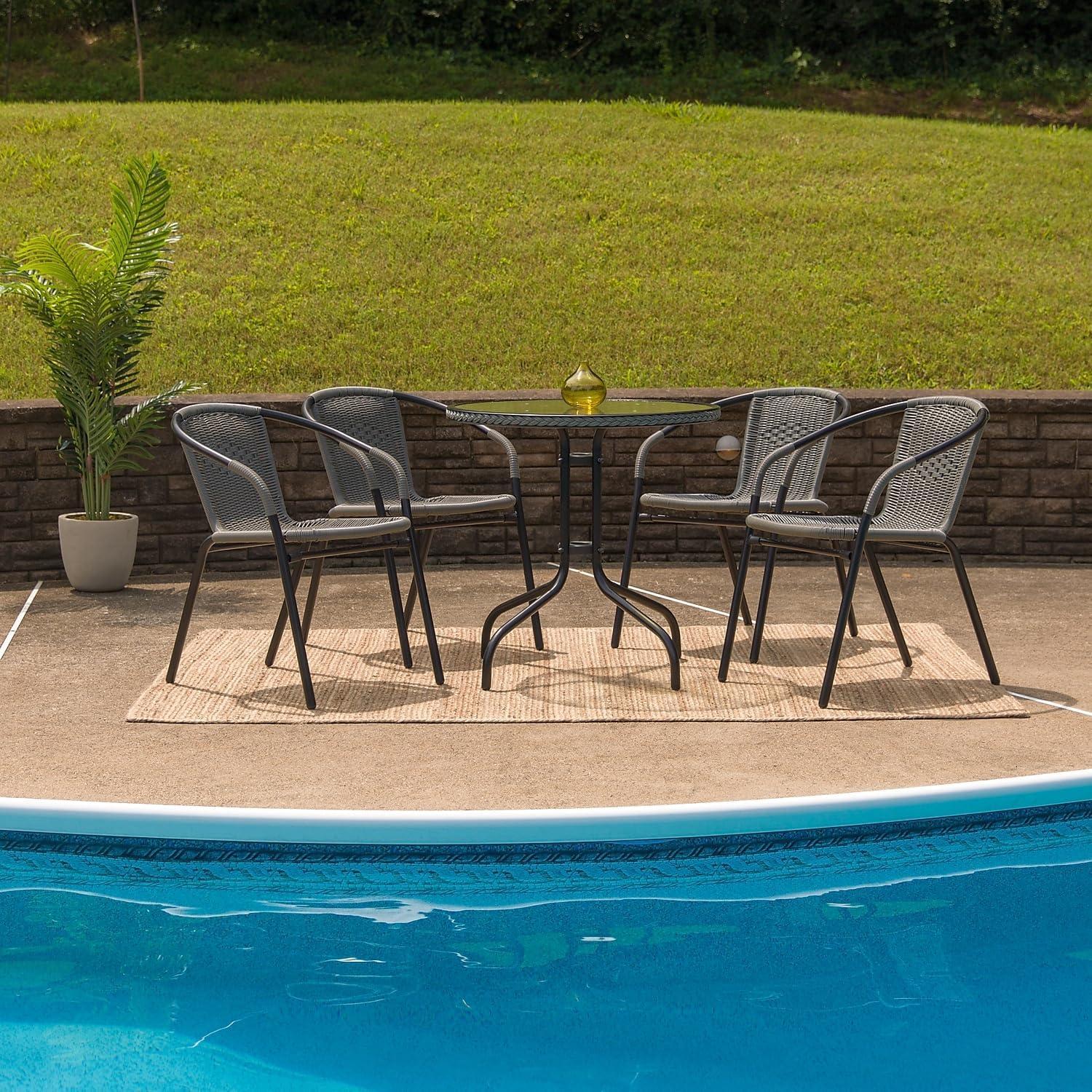 imageFlash Furniture 3Piece Patio Dining Set with Round Glass Metal Table and 2 Stackable Rattan Chairs IndoorOutdoor Bistro Table and Chairs Set GrayClearGray