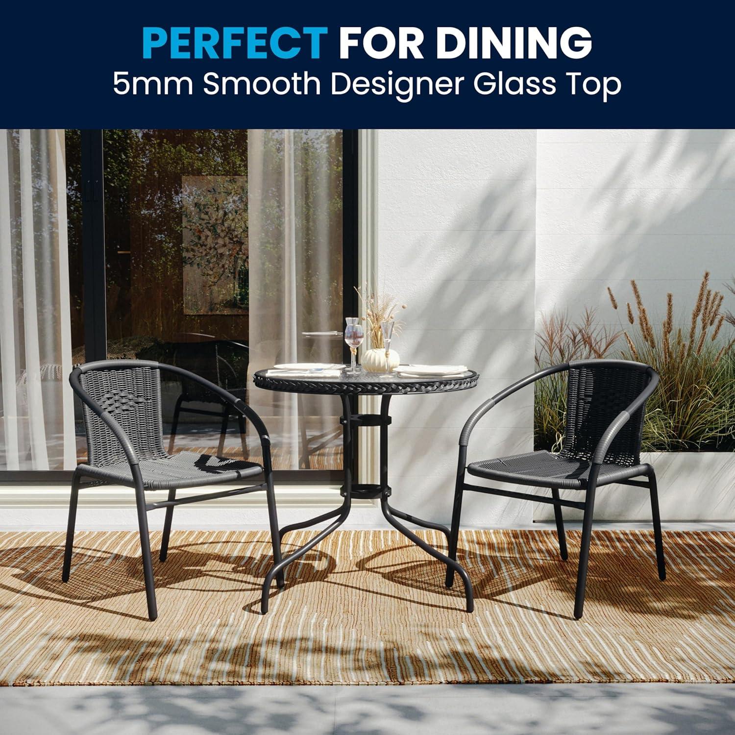 imageFlash Furniture 3Piece Patio Dining Set with Round Glass Metal Table and 2 Stackable Rattan Chairs IndoorOutdoor Bistro Table and Chairs Set GrayClearGray