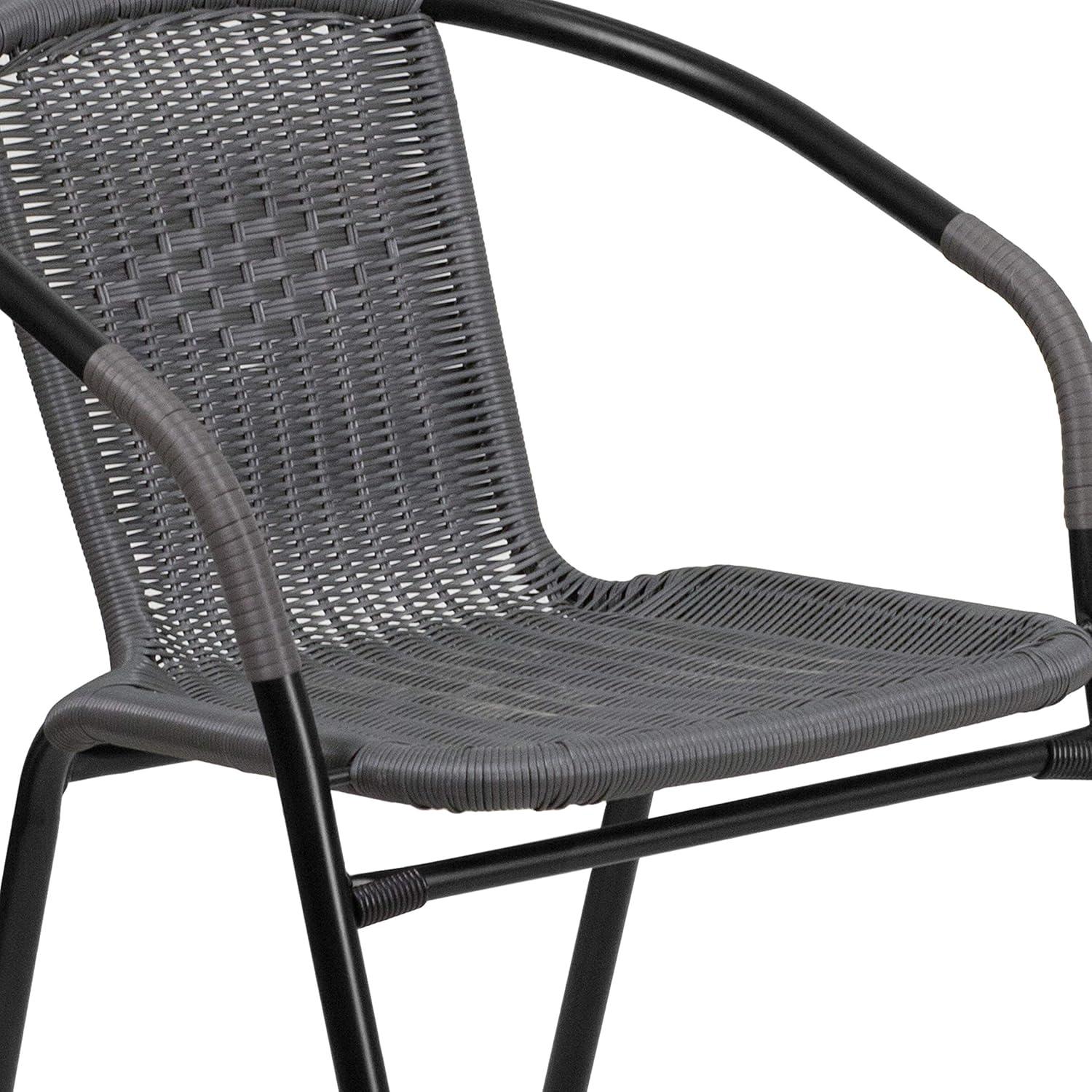 imageFlash Furniture 3Piece Patio Dining Set with Round Glass Metal Table and 2 Stackable Rattan Chairs IndoorOutdoor Bistro Table and Chairs Set GrayClearGray