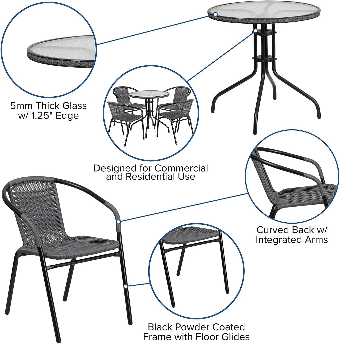 imageFlash Furniture 3Piece Patio Dining Set with Round Glass Metal Table and 2 Stackable Rattan Chairs IndoorOutdoor Bistro Table and Chairs Set GrayClearGray
