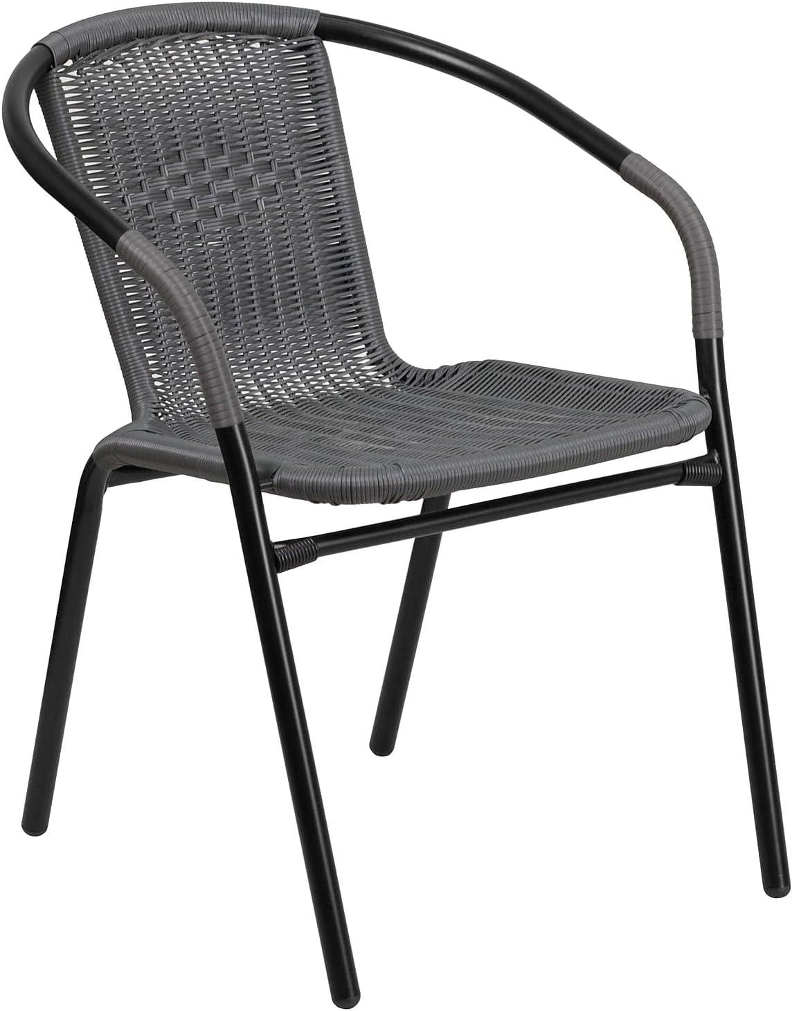 imageFlash Furniture 3Piece Patio Dining Set with Round Glass Metal Table and 2 Stackable Rattan Chairs IndoorOutdoor Bistro Table and Chairs Set GrayClearGray