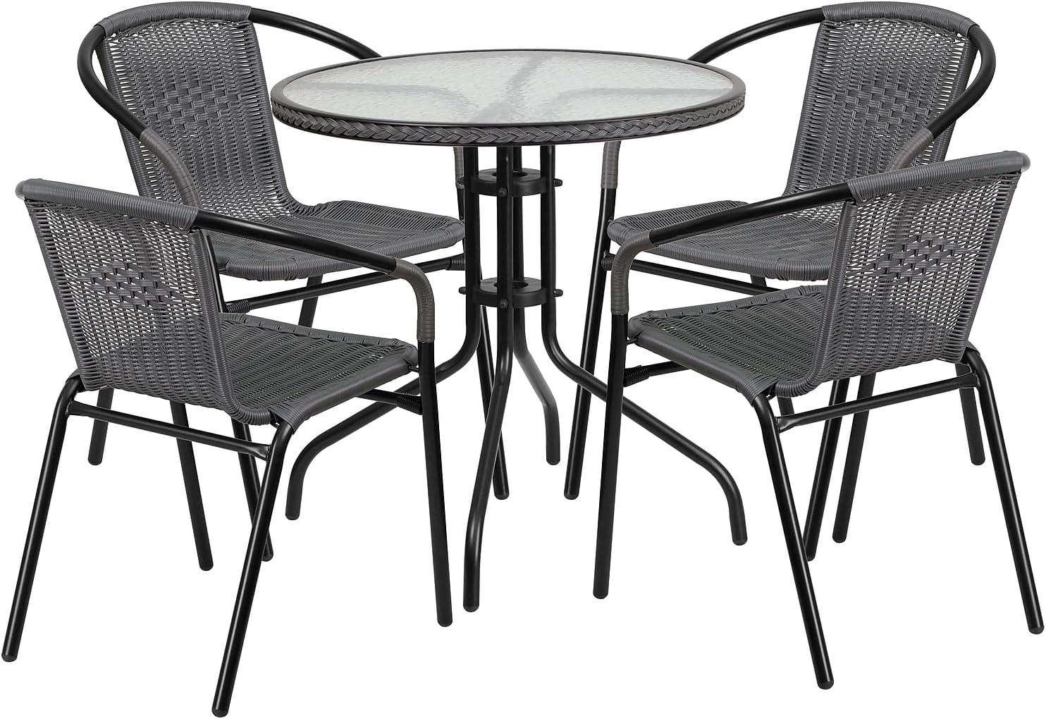 imageFlash Furniture 3Piece Patio Dining Set with Round Glass Metal Table and 2 Stackable Rattan Chairs IndoorOutdoor Bistro Table and Chairs Set GrayClearGray