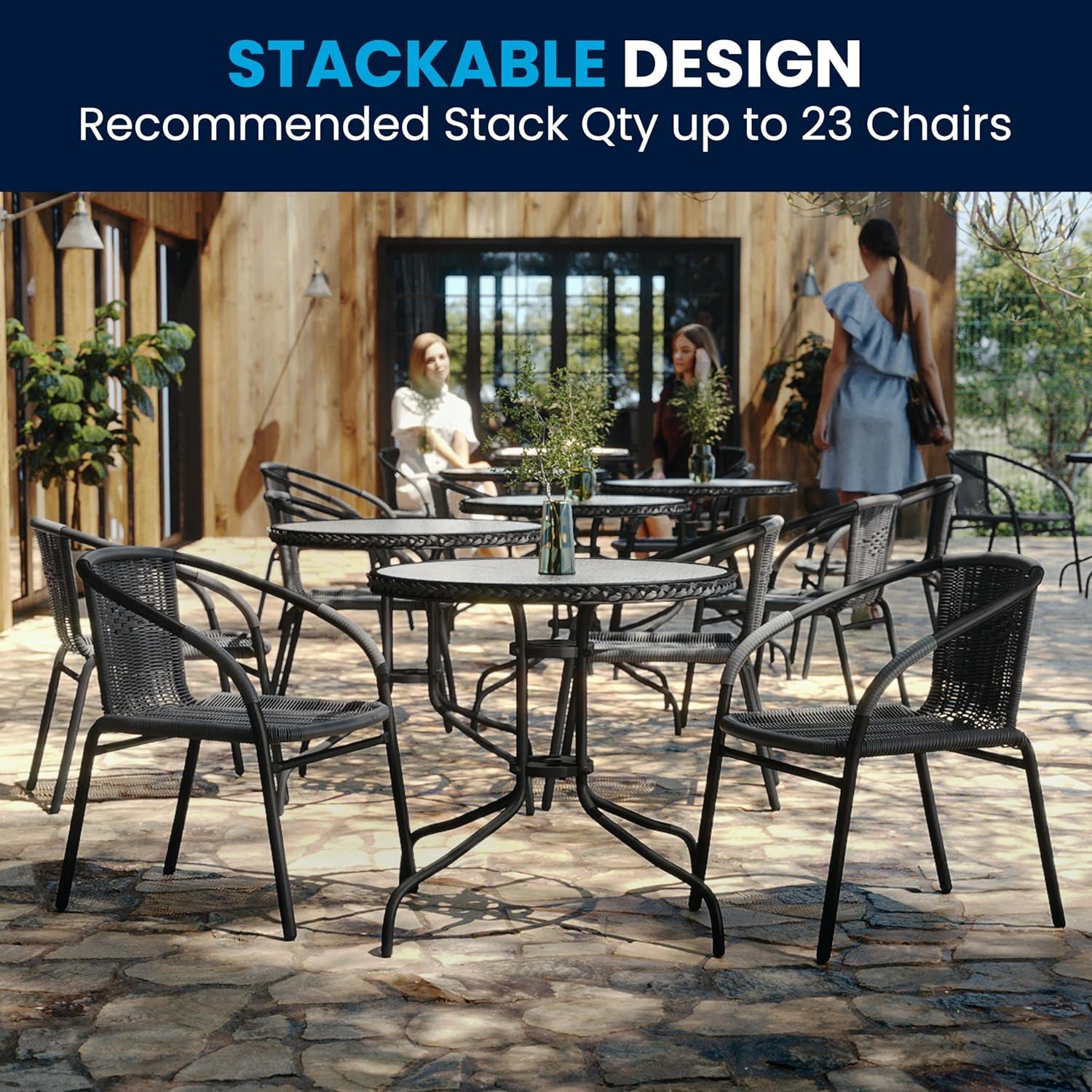 imageFlash Furniture 3Piece Patio Dining Set with Round Glass Metal Table and 2 Stackable Rattan Chairs IndoorOutdoor Bistro Table and Chairs Set GrayClearGray