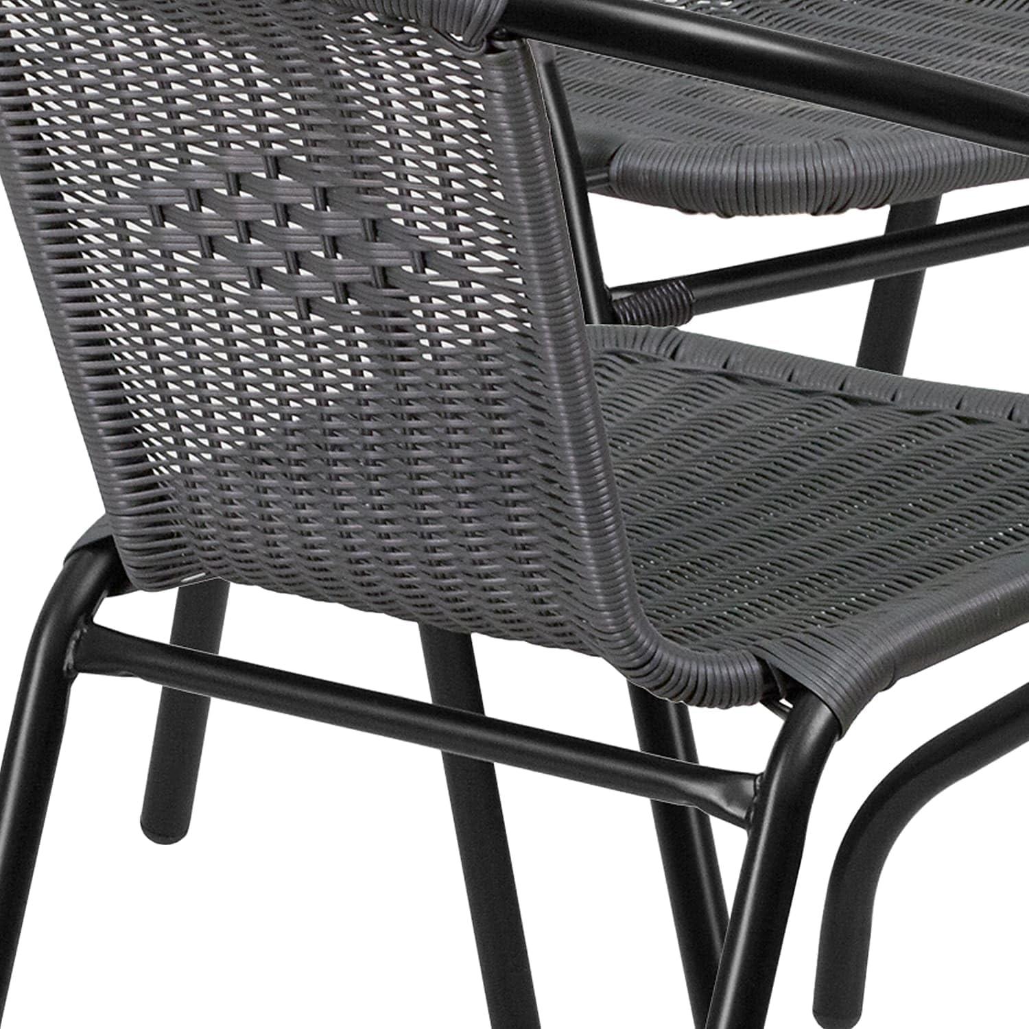 imageFlash Furniture 3Piece Patio Dining Set with Round Glass Metal Table and 2 Stackable Rattan Chairs IndoorOutdoor Bistro Table and Chairs Set GrayClearGray