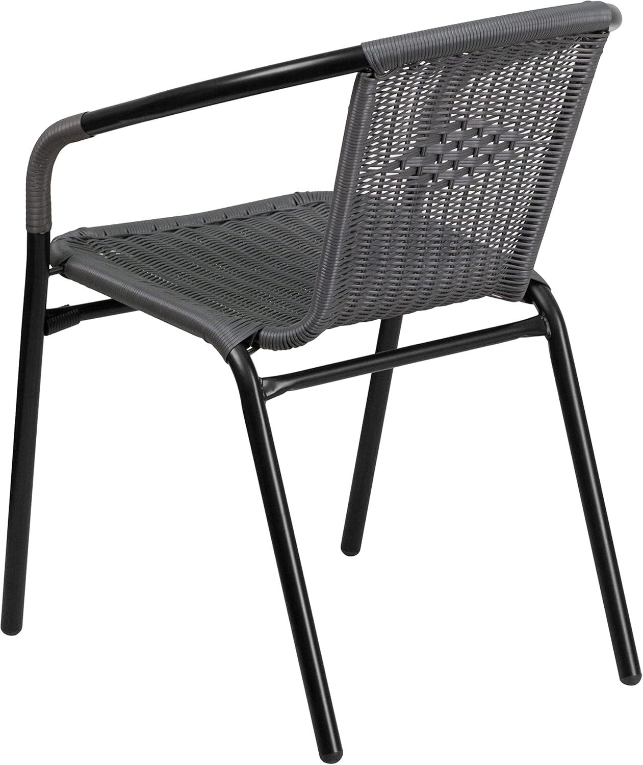 imageFlash Furniture 3Piece Patio Dining Set with Round Glass Metal Table and 2 Stackable Rattan Chairs IndoorOutdoor Bistro Table and Chairs Set GrayClearGray