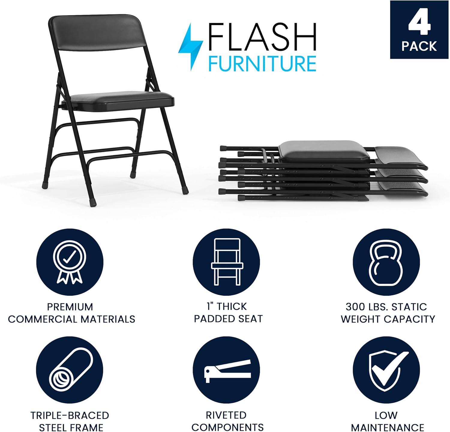 imageFlash Furniture 4 Pack HERCULES Series Curved Triple Braced ampamp Double Hinged Gray Vinyl Metal Folding ChairBlack VinylBlack Frame