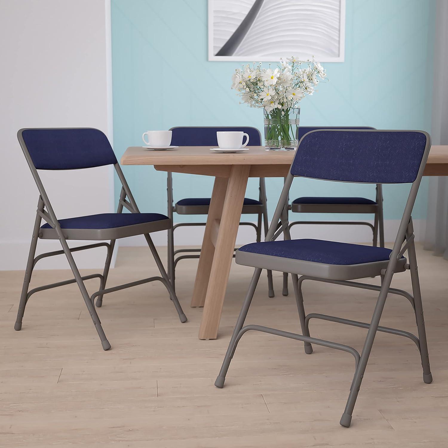 imageFlash Furniture 4 Pack HERCULES Series Curved Triple Braced ampamp Double Hinged Gray Vinyl Metal Folding ChairNavy FabricGray Frame