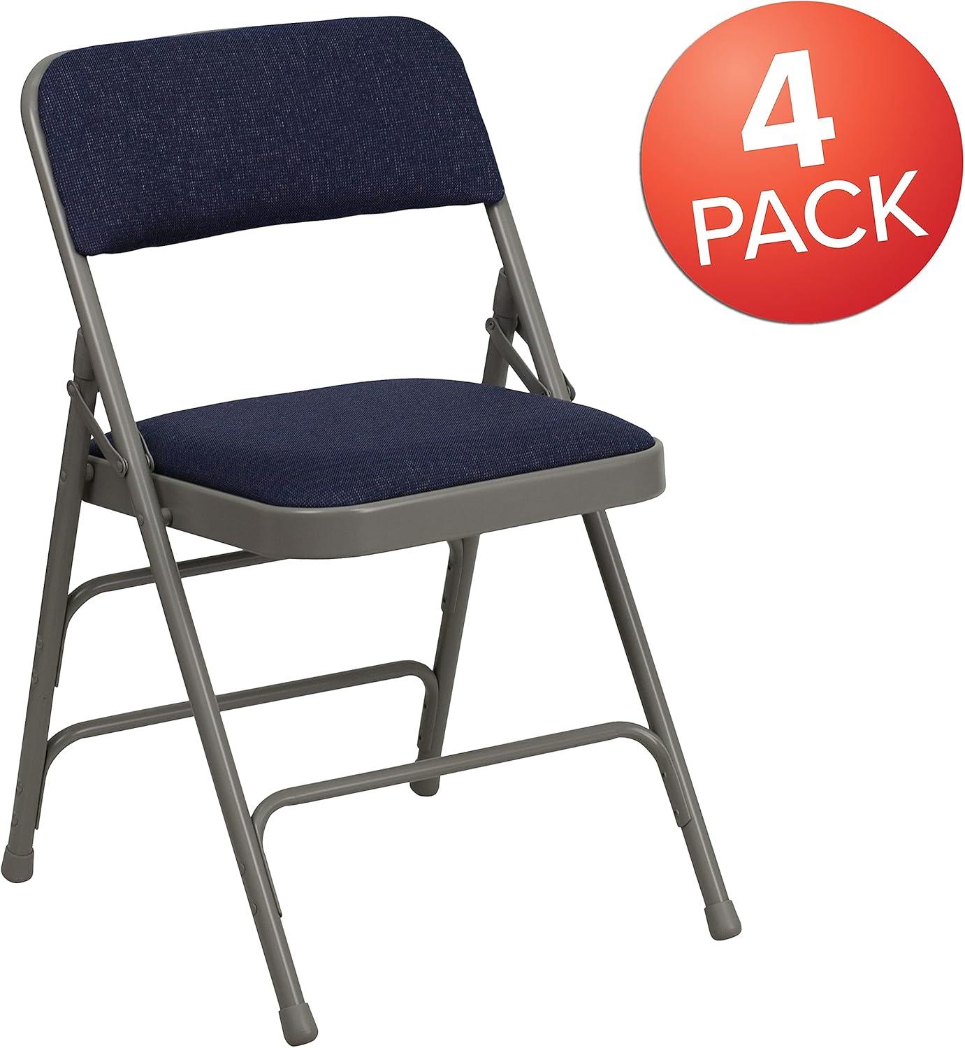 imageFlash Furniture 4 Pack HERCULES Series Curved Triple Braced ampamp Double Hinged Gray Vinyl Metal Folding ChairNavy FabricGray Frame