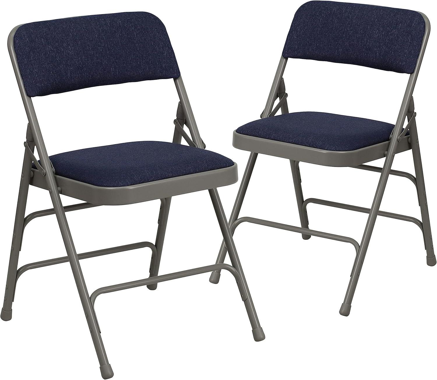 imageFlash Furniture 4 Pack HERCULES Series Curved Triple Braced ampamp Double Hinged Gray Vinyl Metal Folding ChairNavy FabricGray Frame