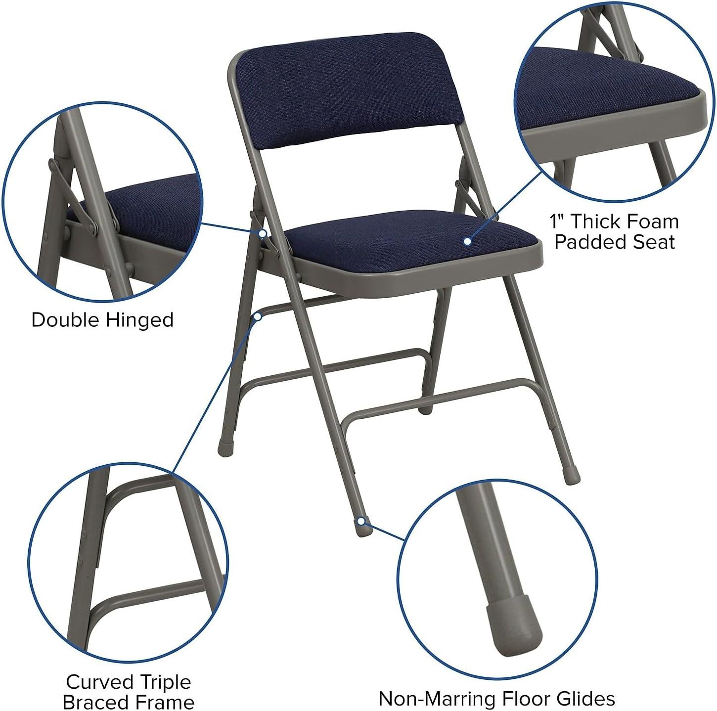 imageFlash Furniture 4 Pack HERCULES Series Curved Triple Braced ampamp Double Hinged Gray Vinyl Metal Folding ChairNavy FabricGray Frame