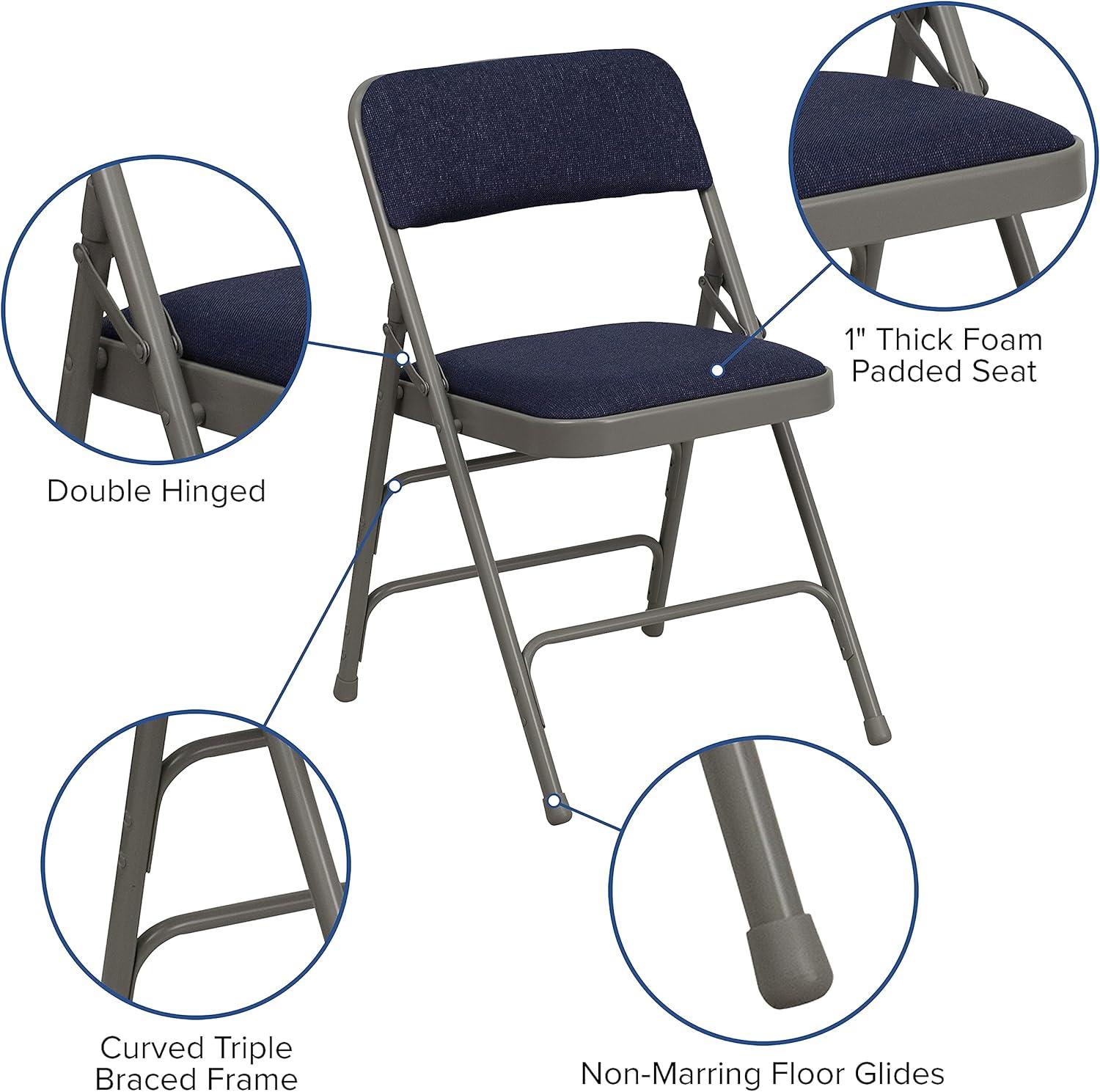 imageFlash Furniture 4 Pack HERCULES Series Curved Triple Braced ampamp Double Hinged Gray Vinyl Metal Folding ChairNavy FabricGray Frame