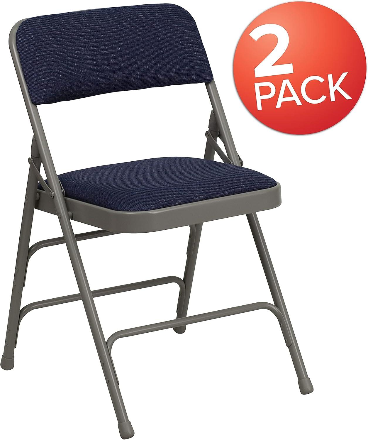 imageFlash Furniture 4 Pack HERCULES Series Curved Triple Braced ampamp Double Hinged Gray Vinyl Metal Folding ChairNavy FabricGray Frame