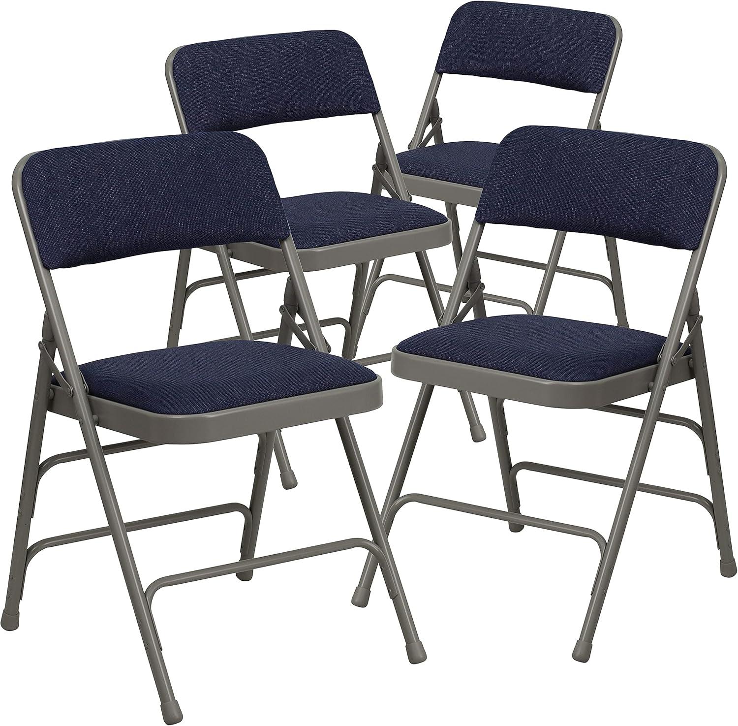 imageFlash Furniture 4 Pack HERCULES Series Curved Triple Braced ampamp Double Hinged Gray Vinyl Metal Folding ChairNavy FabricGray Frame