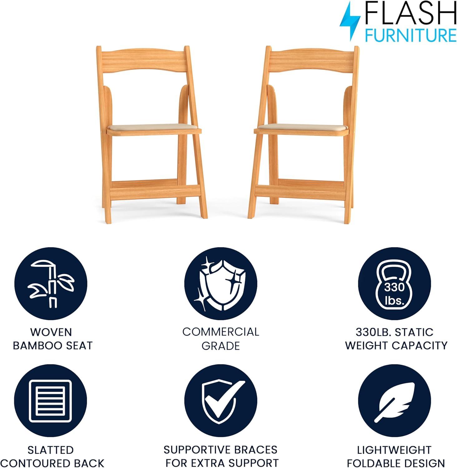 imageFlash Furniture 4 Pack HERCULES Series Fruitwood Wood Folding Chair with Vinyl Padded SeatNatural