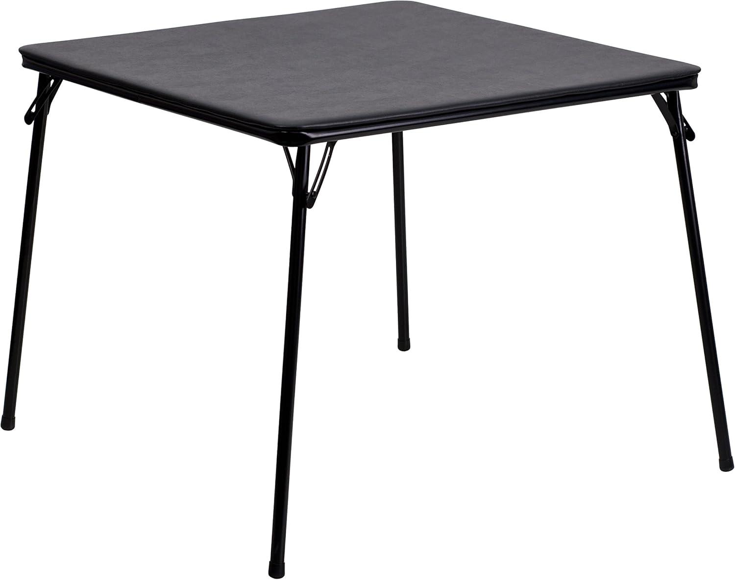imageFlash Furniture 4 Pack Hercules Series Black Vinyl Metal Folding Chair with Carrying Handle and Madelyn Folding Card Table Black Portable Square Table with Collapsible Legs