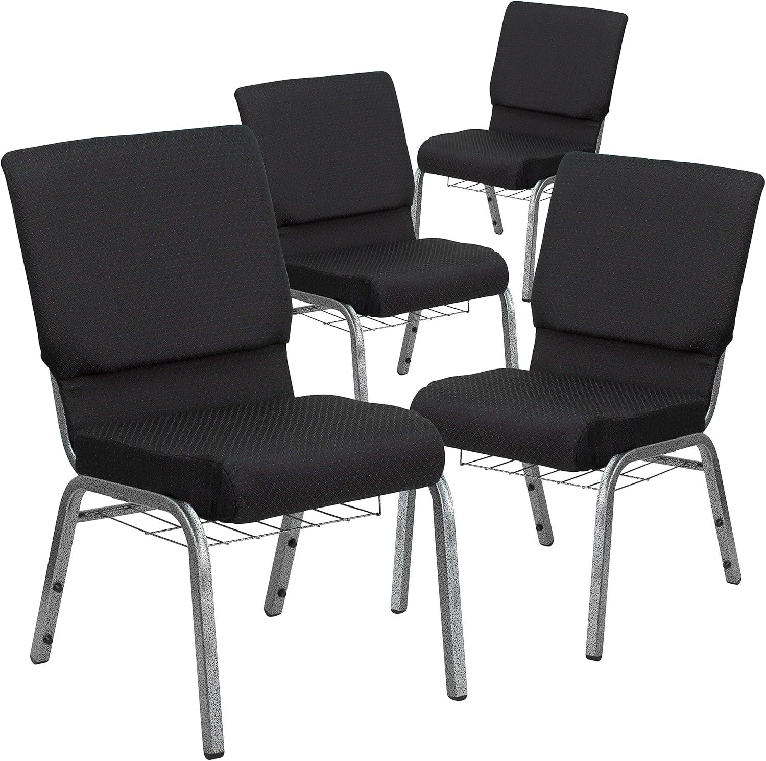 imageFlash Furniture 4 Pk HERCULES Series 185W Church Chair in Black Patterned Fabric with Cup Book Rack Silver Vein FrameBlack Patterned FabricSilver Vein Frame
