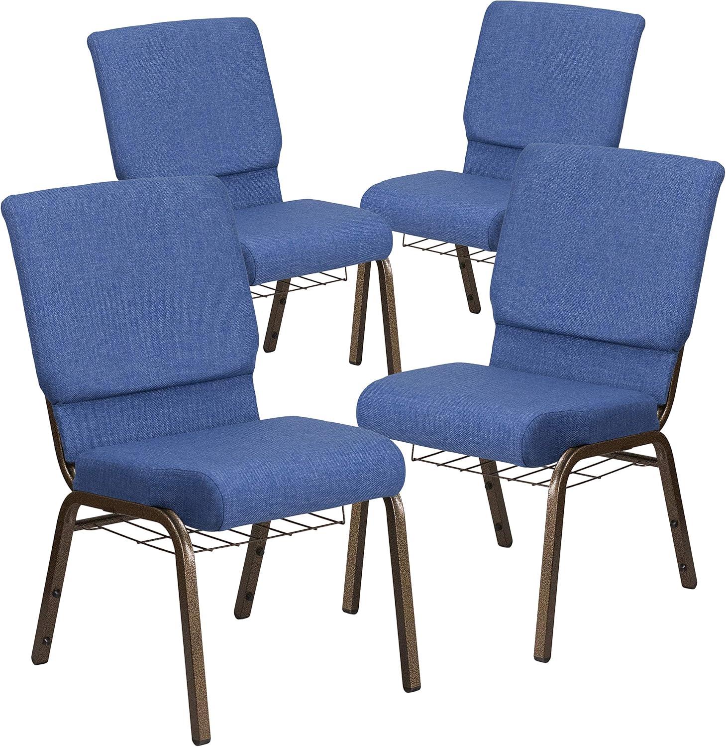 imageFlash Furniture 4 Pk HERCULES Series 185W Church Chair in Black Patterned Fabric with Cup Book Rack Silver Vein FrameBlue FabricGold Vein Frame