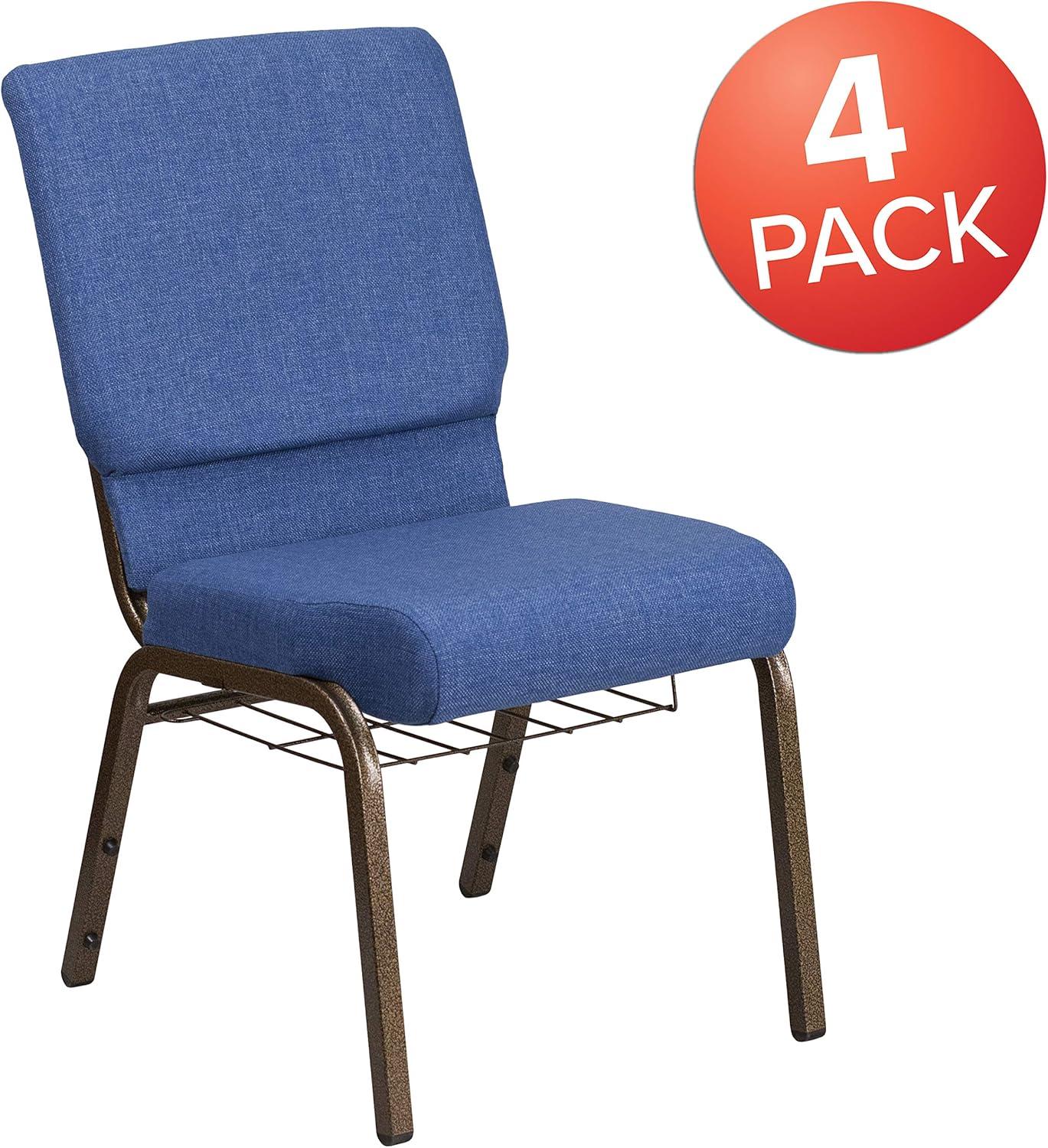 imageFlash Furniture 4 Pk HERCULES Series 185W Church Chair in Black Patterned Fabric with Cup Book Rack Silver Vein FrameBlue FabricGold Vein Frame