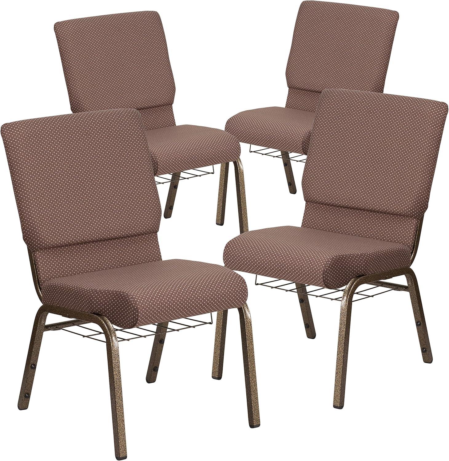 imageFlash Furniture 4 Pk HERCULES Series 185W Church Chair in Black Patterned Fabric with Cup Book Rack Silver Vein FrameBrown Dot FabricGold Vein Frame