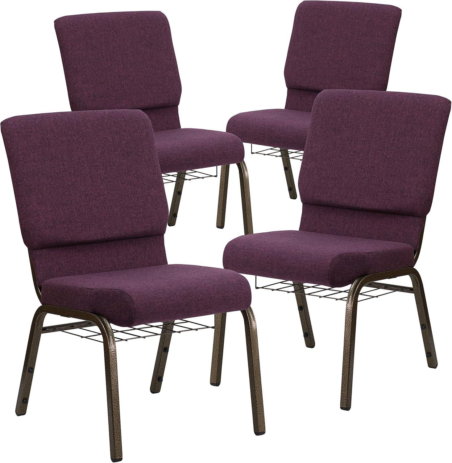 imageFlash Furniture 4 Pk HERCULES Series 185W Church Chair in Black Patterned Fabric with Cup Book Rack Silver Vein FramePlum FabricGold Vein Frame