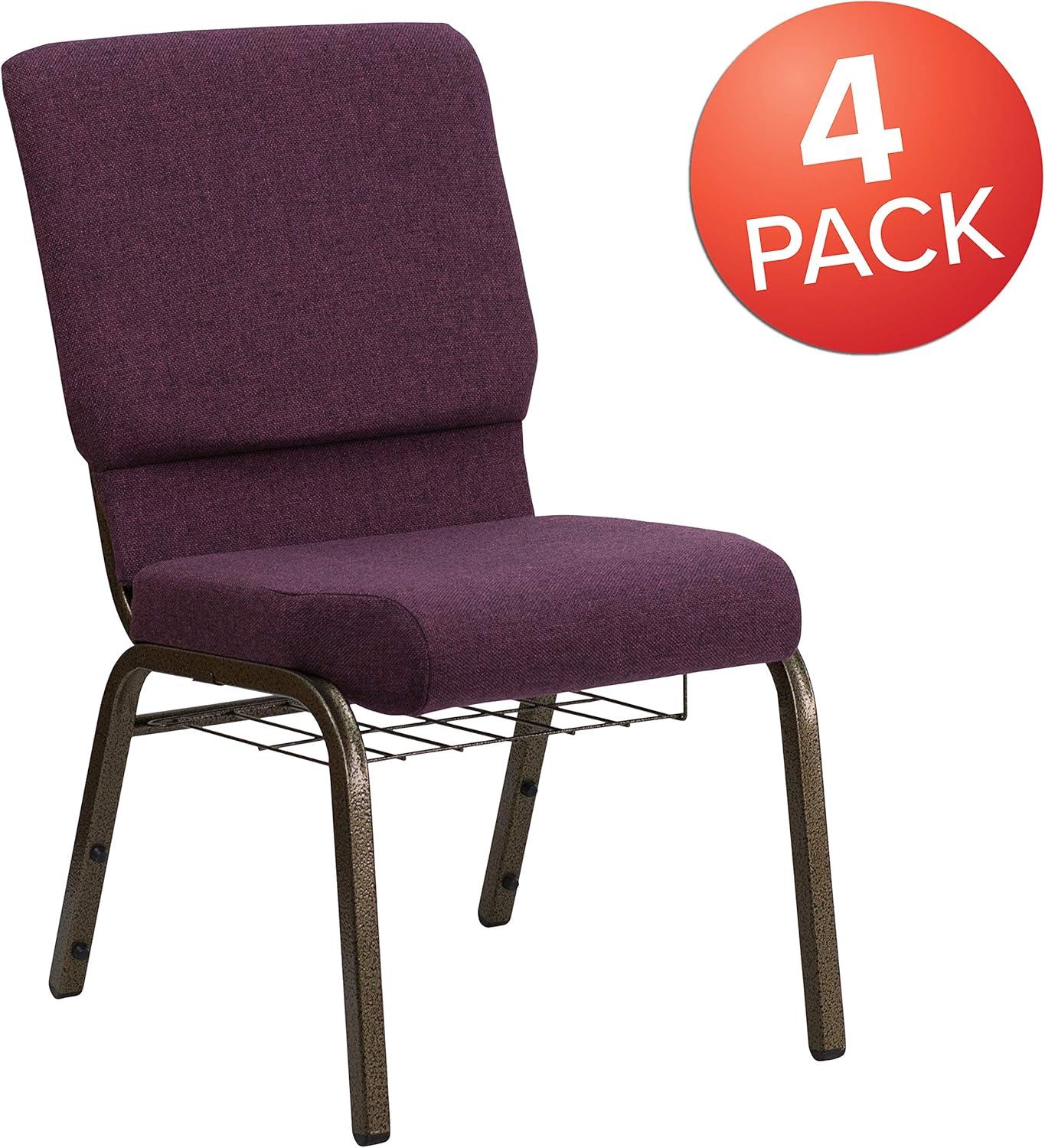 imageFlash Furniture 4 Pk HERCULES Series 185W Church Chair in Black Patterned Fabric with Cup Book Rack Silver Vein FramePlum FabricGold Vein Frame