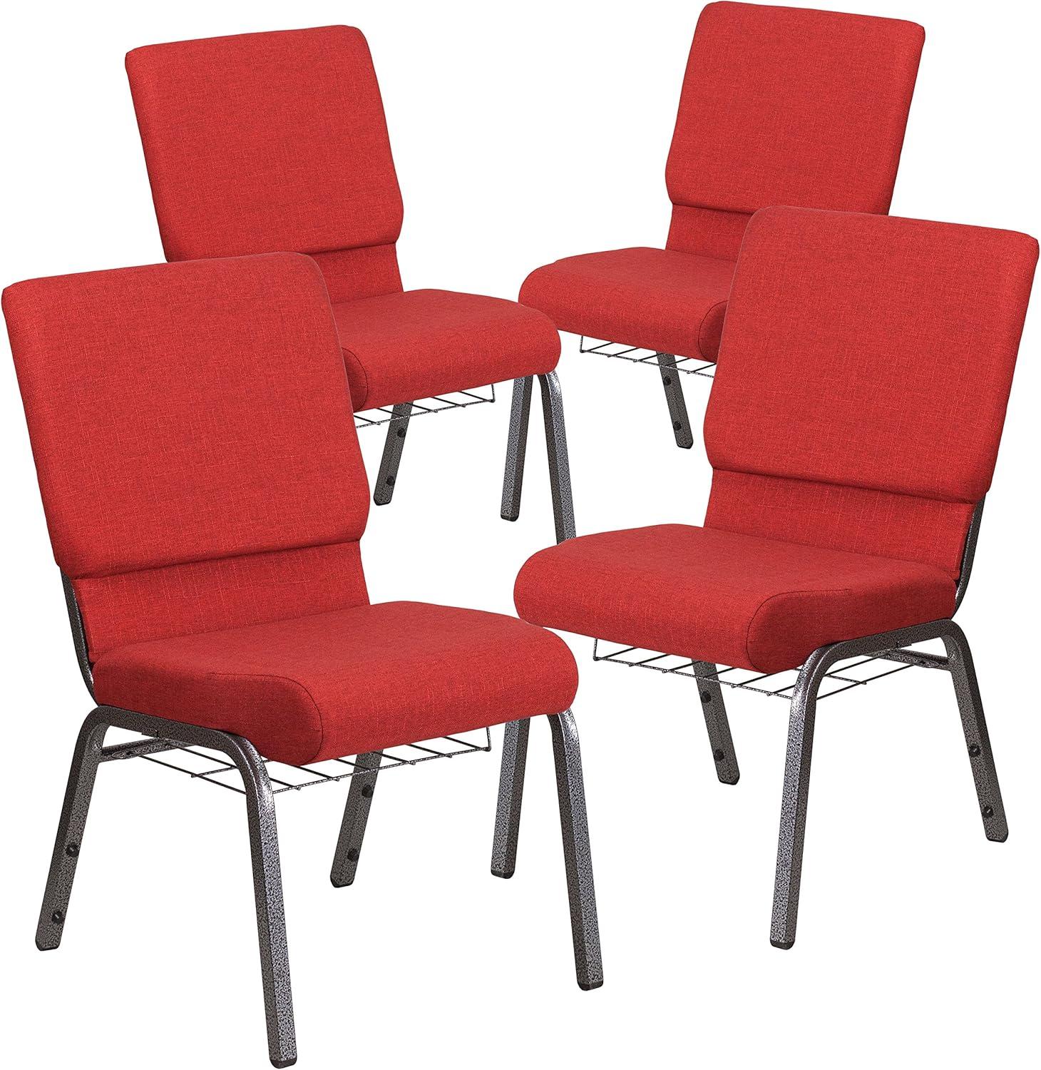 imageFlash Furniture 4 Pk HERCULES Series 185W Church Chair in Black Patterned Fabric with Cup Book Rack Silver Vein FrameRed FabricSilver Vein Frame