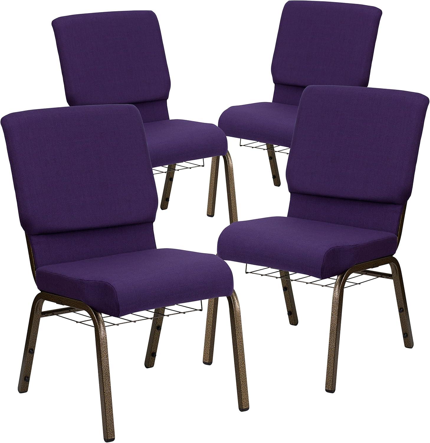 imageFlash Furniture 4 Pk HERCULES Series 185W Church Chair in Black Patterned Fabric with Cup Book Rack Silver Vein FrameRoyal Purple FabricGold Vein Frame