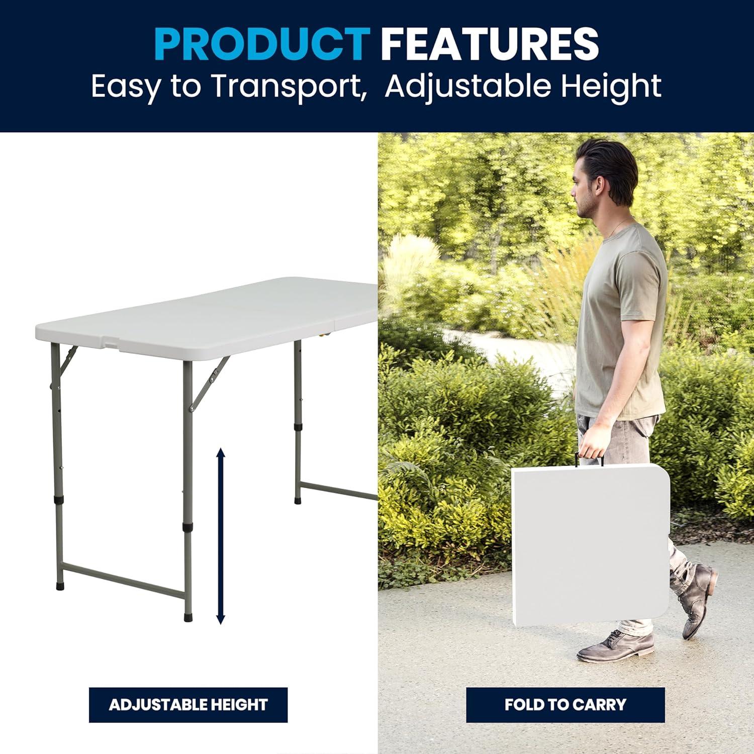 imageFlash Furniture 4 Rectangular Plastic Folding Event Table with Adjustable Legs and Carrying Handle BiFold Portable Banquet Table for IndoorOutdoor Events White