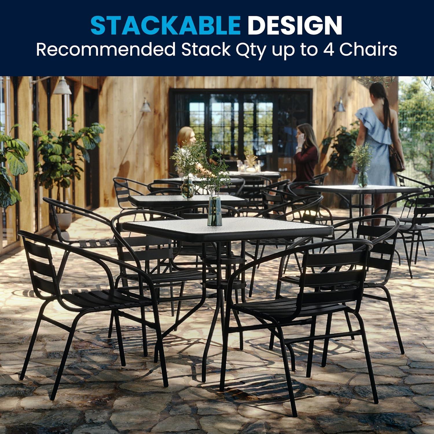 imageFlash Furniture 5Piece Patio Dining Set with 315quot Square Glass Metal Table and 4 Stackable Slat Back Chairs IndoorOutdoor Bistro Set BlackBlack