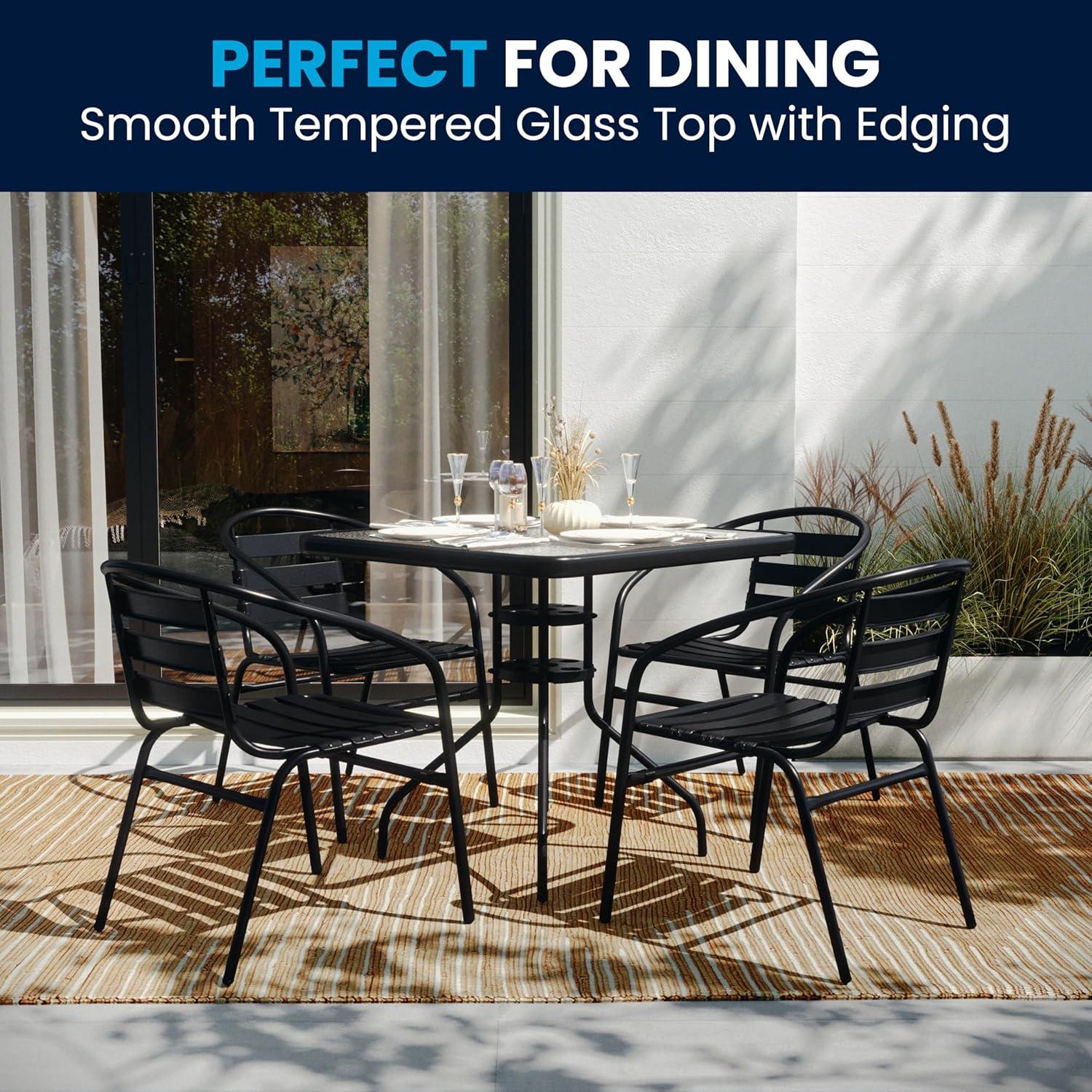 imageFlash Furniture 5Piece Patio Dining Set with 315quot Square Glass Metal Table and 4 Stackable Slat Back Chairs IndoorOutdoor Bistro Set BlackBlack