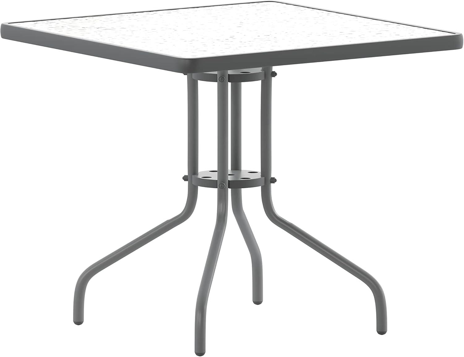 imageFlash Furniture 5Piece Patio Dining Set with 315quot Square Glass Metal Table and 4 Stackable Slat Back Chairs IndoorOutdoor Bistro Set BlackSilver