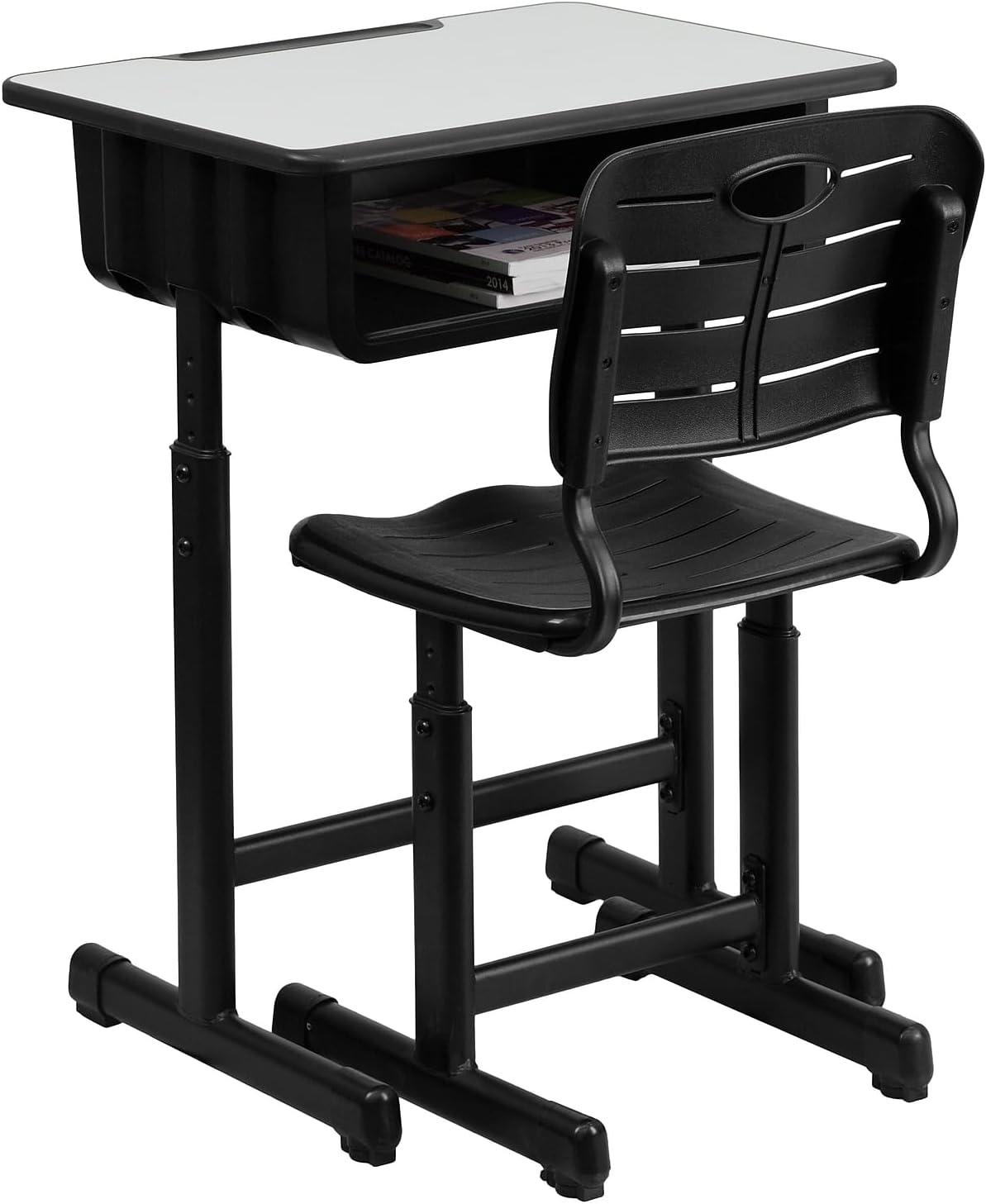 imageFlash Furniture Adjustable Student Desk and Chair Set for Classrooms or Remote Learning Adjustable School Desk with Chair and Book Box GrayBlackSet of 3