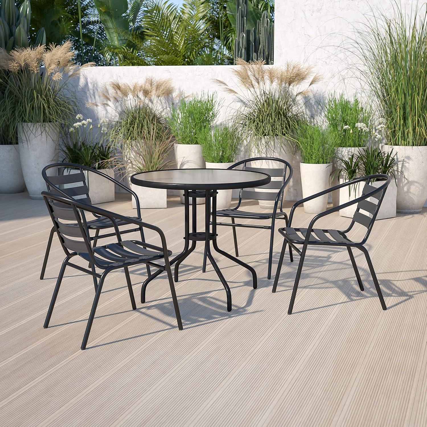 imageFlash Furniture Aluminum Slat Back Stacking Outdoor Restaurant Chairs Modern Stackable Patio Chairs for Restaurants Set of 4 BlackBlack