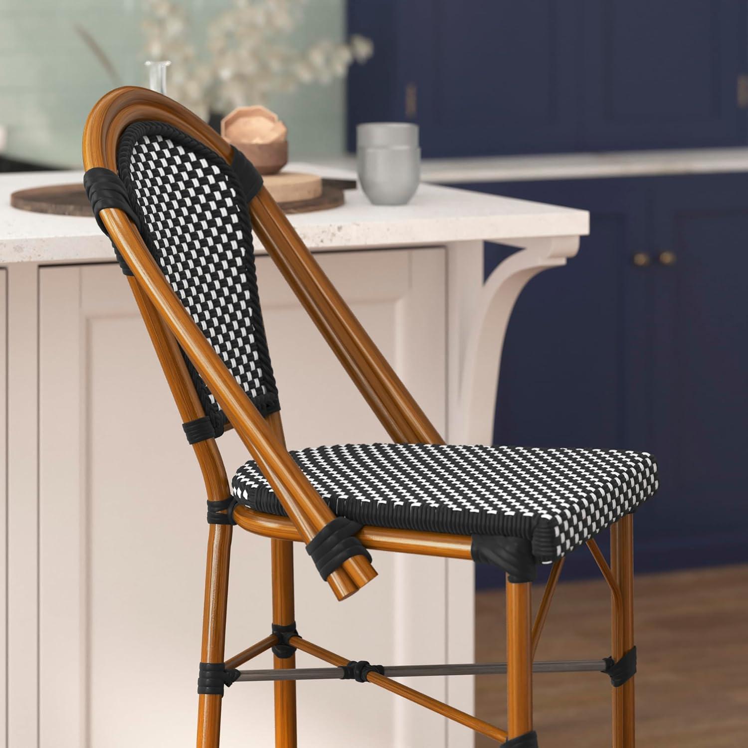 imageFlash Furniture Bordeaux Commercial Grade Bistro Bar Height Stool Stackable IndoorOutdoor Dining Stool 30quot High BlackWhite and Natural FinishBlack WhiteNatural Frame